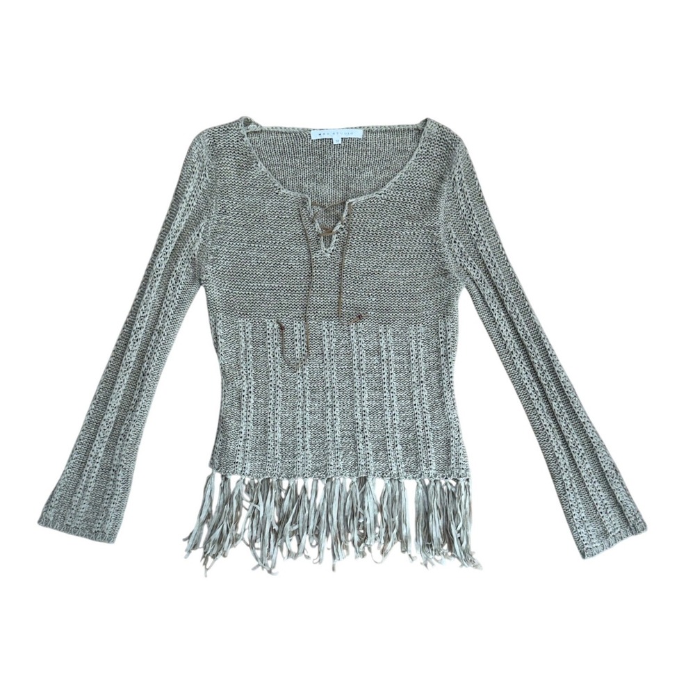 Max Studio vtg Boho Fringe Knit Sweater Lace Up Y2K M indie sleeze western